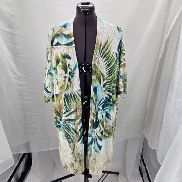 630-28 Chicos open front Tropical Palm Floral Cardigan Kimono Size 2 (12, LG) - Picture 1 of 9